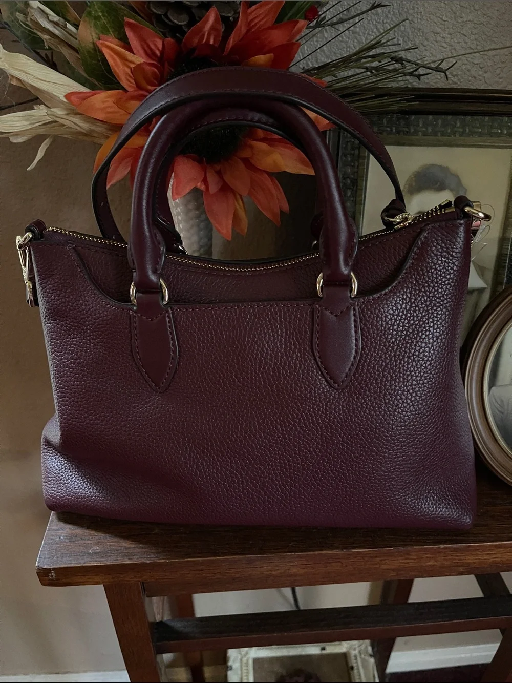 NWOT MICHAEL KORS Small Burgundy Pebbled Leather Satchel with Gold Hardware